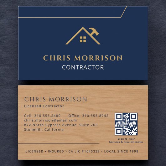 Carte De Visite Wood Contractor Construction QR Code Navy Blue