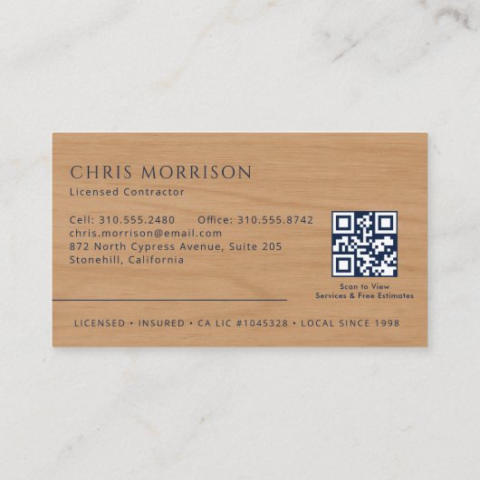 Carte De Visite Wood Contractor Construction QR Code Navy Blue (Dos)