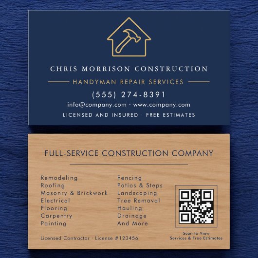 Carte De Visite Wood Handyman Construction Navy Blue Gold QR Code
