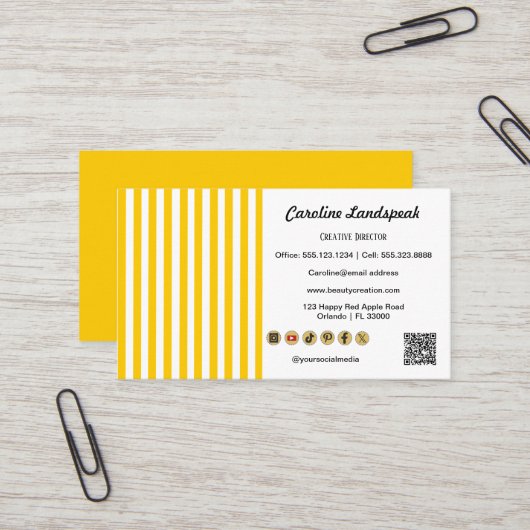 Carte De Visite Yellow White Stripes, QR Code & Social Media Icons (Devant/Arrière en situation)