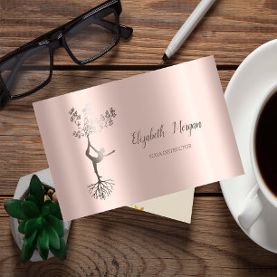 Carte De Visite Yoga Élégant Arbre en Or Rose Silhouette de Femmes
