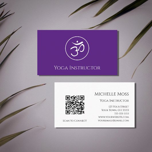 Carte De Visite Yoga Instructeur Om Symbole QR Code pourpre
