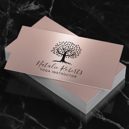 Carte De Visite Yoga Instructeur Vie Entraîneur Arbre Logo Rose Or