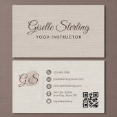 Carte De Visite Yoga Instructor Beige Linen Elegant QR Code