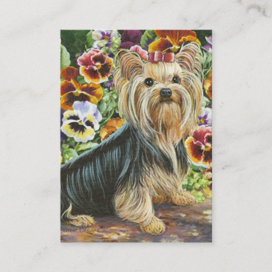 Carte De Visite Yorkshire Terrier & Pansies Peinture (Devant)