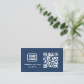 Carte De Visite Your Logo Here Simple Modern Navy Blue QR Code (Debout devant)