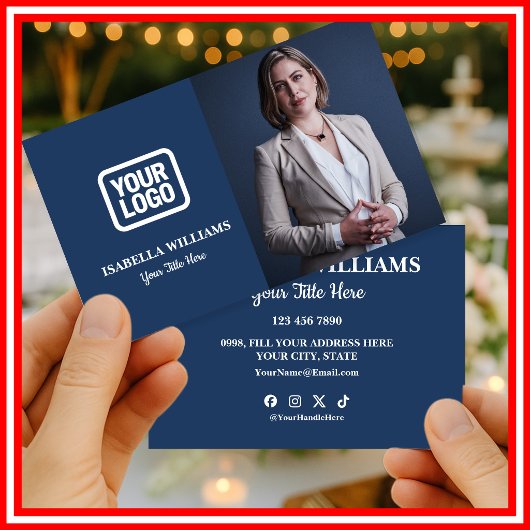 Carte De Visite Your Logo Here Simple Modern Photo Navy Blue