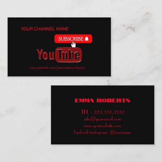 Carte De Visite Youtube Channel, Youtuber (Devant / Derrière)