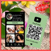 Carte De Visite YouTube Green Influencer Vlogger Creator QR Code