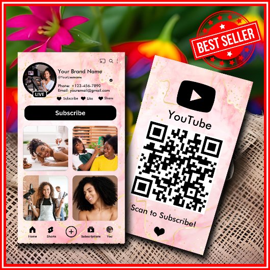 Carte De Visite YouTube Pink Marble Influencer Vlogger Creator QR