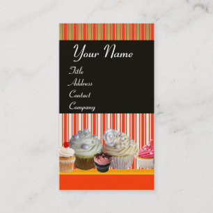 CARTE DE VISITE YUMMY CUPCAKES DESERT SHOP STRIPES ROUGES BLANCS