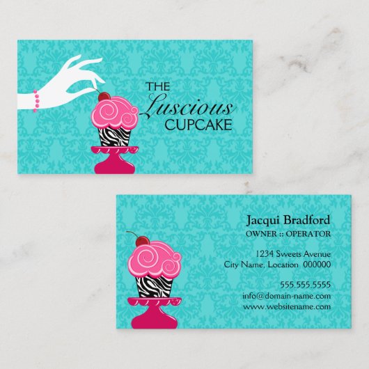 Carte De Visite Zebra Cupcake Turquoise Damask Bakery (Devant / Derrière)