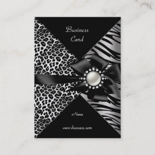 Carte De Visite Zèbre Élégant Léopard Noir Argent Nœud Diamant
