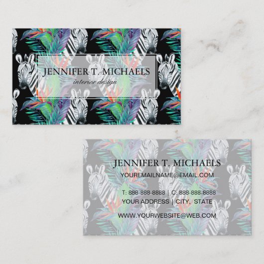 Carte De Visite Zèbre et motif de fleurs exotique (Devant / Derrière)