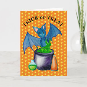 Carte de vœux 5" x 7" Chauve-souris et chaudron bo