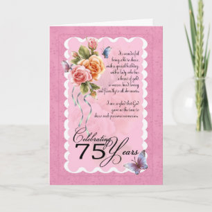 Carte de voeux 75e anniversaire - roses et papillo