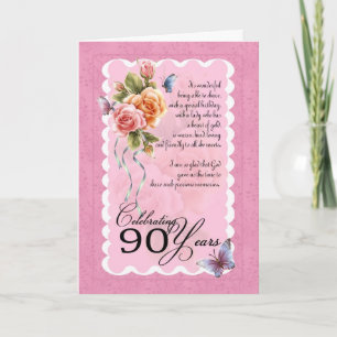 Carte de voeux 90e anniversaire - roses et papillo