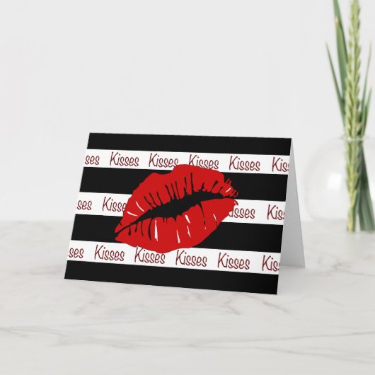 Carte de vœux à lèvres rouge baiser rayures noir e (Devant)