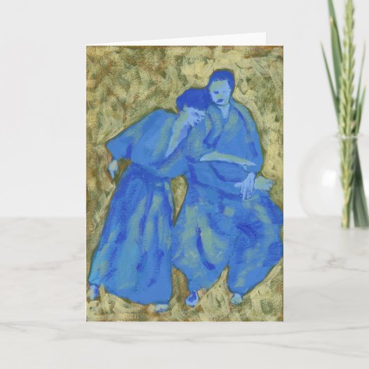 Carte de voeux Aikido pratique bleue et verte (Devant)
