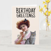 CARTE DE VŒUX ANCIENNE DAME VICTORIENNE AVEC CHAT (Fleur jaune)