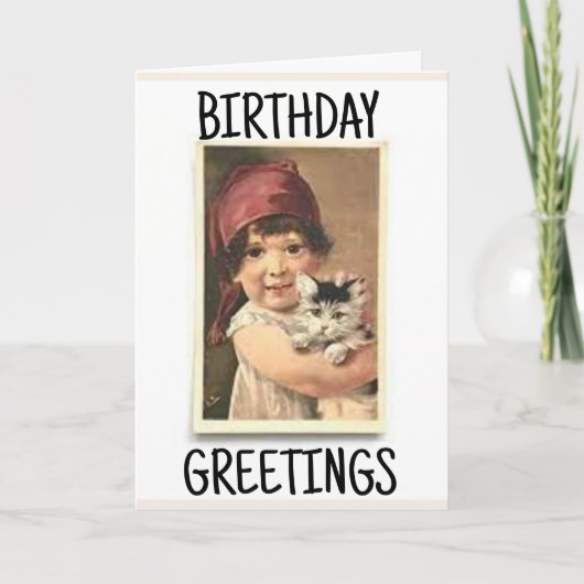 CARTE DE VŒUX ANCIENNE FILLE VICTORIENNE AVEC CHAT (Devant)