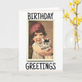 CARTE DE VŒUX ANCIENNE FILLE VICTORIENNE AVEC CHAT (Fleur jaune)