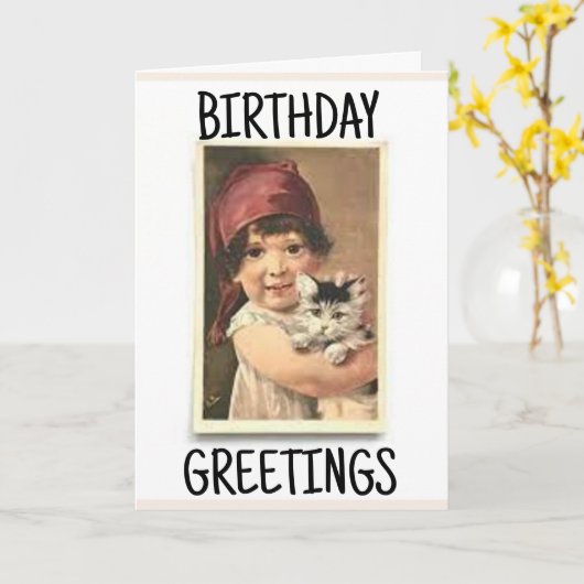 CARTE DE VŒUX ANCIENNE FILLE VICTORIENNE AVEC CHAT (Fleur jaune)