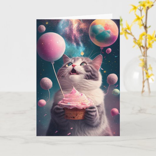 Carte de voeux Anniversaire Chat dans l'espace (Fleur jaune)
