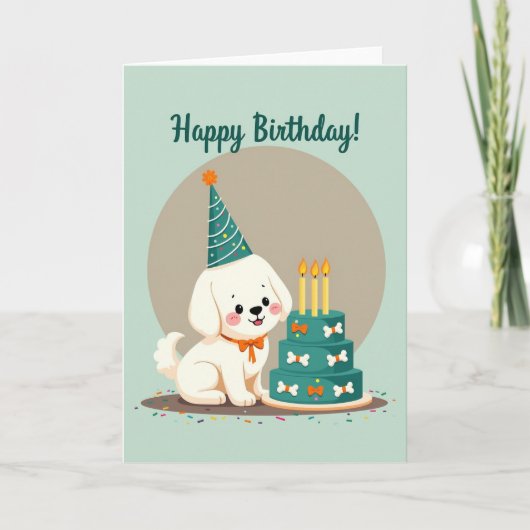 Carte de Vœux Anniversaire Chien Gâteau Festif (Devant)