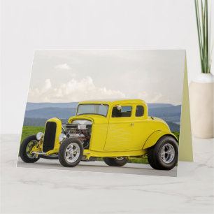 CARTE DE VOEUX ANNIVERSAIRE HOT ROD, JAUNE