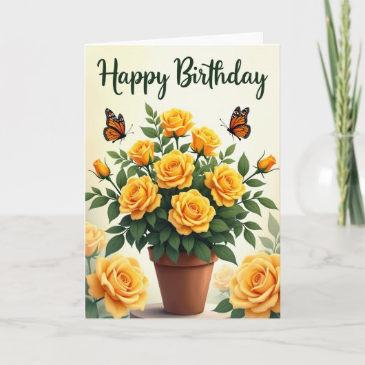 Carte de Vœux Anniversaire Rose Pot Doré (Devant)