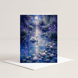Carte de vœux aquarelle Cygne au clair de lune