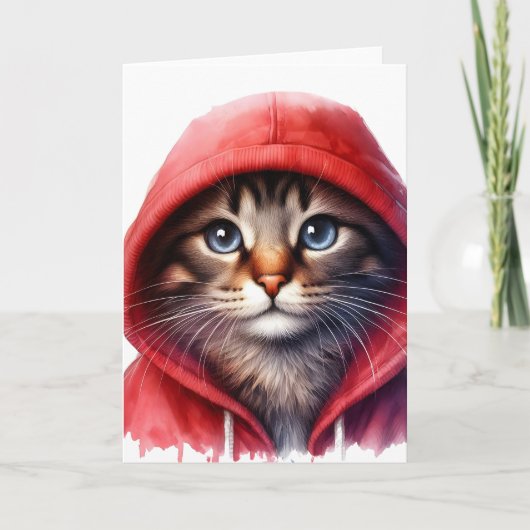 Carte de vœux aquarelle de chat mignon en capuche  (Devant)