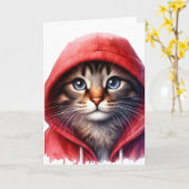 Carte de vœux aquarelle de chat mignon en capuche  (Fleur jaune)