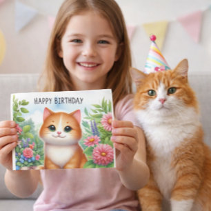 Carte de vœux avec petite-fille mignonne, chat et