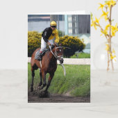 Carte de voeux blanche à cheval de course Thorough (Fleur jaune)