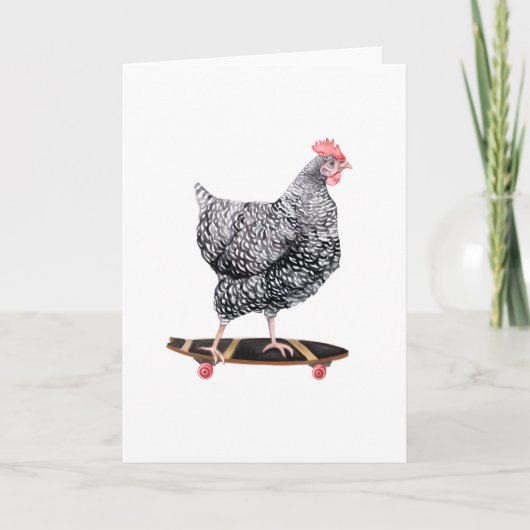 Carte de voeux blanche de poulet sur skateboard (Devant)