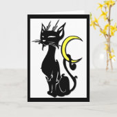 Carte de voeux blanche pour chat avec lune (Fleur jaune)