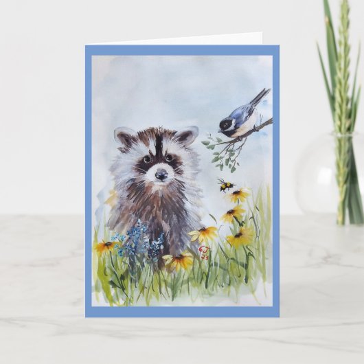 Carte de voeux blanche Raccoon et Spring Friends (Devant)