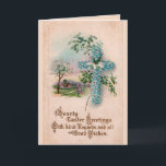 Carte de voeux bleue de Pâques de croix de fleur<br><div class="desc">Cette image chrétienne vintage de carte postale de Pâques montrant une croix faite de fleurs bleues avec une belle ferme au printemps à l'arrière-plan. Les mots,  "il s'est levé ! Réjouissez-vous ! Réjouissez-vous !" soyez sur l'intérieur.</div>