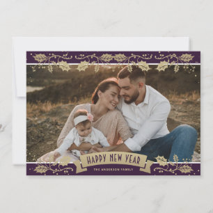 Carte de vœux botanique en or violet pour la nouve