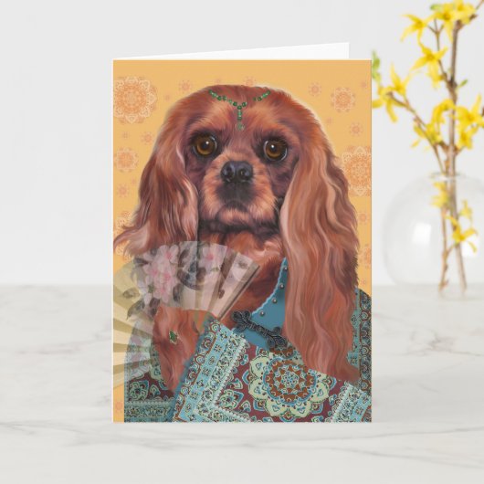 Carte de vœux | Cavalier Spaniel | Ruby Cavalier (Fleur jaune)