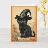 Carte de vœux Chat dans le chapeau de sorcière (Fleur jaune)
