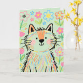 Carte de vœux Chat Gribouillis Vert (Fleur jaune)
