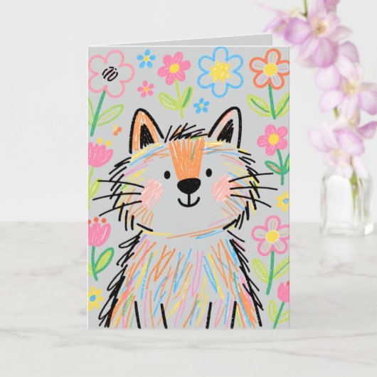 Carte de vœux Chat Griffonnage Gris (Orchidée)