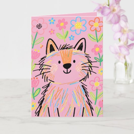 Carte de vœux Chat Griffonnage Rose (Orchidée)