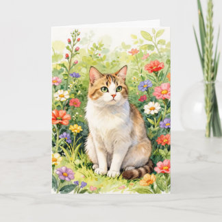 Carte de vœux Chat parmi les fleurs sauvages
