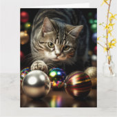 Carte de vœux CHAT TABBY MIGNON NOËL (Fleur jaune)
