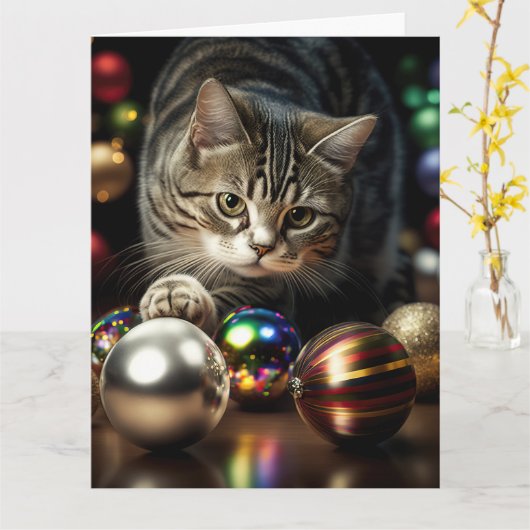 Carte de vœux CHAT TABBY MIGNON NOËL (Fleur jaune)