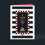 Carte de voeux colorée moderne Menorah<br><div class="desc">Une menorah très colorée et moderne se superpose à des rayures noires et blanches audacieuses. La carte intérieure indique "Shabbat Shalom !" et est bordée et coordonnée pour votre plaisir d'écriture. ~ karyn</div>